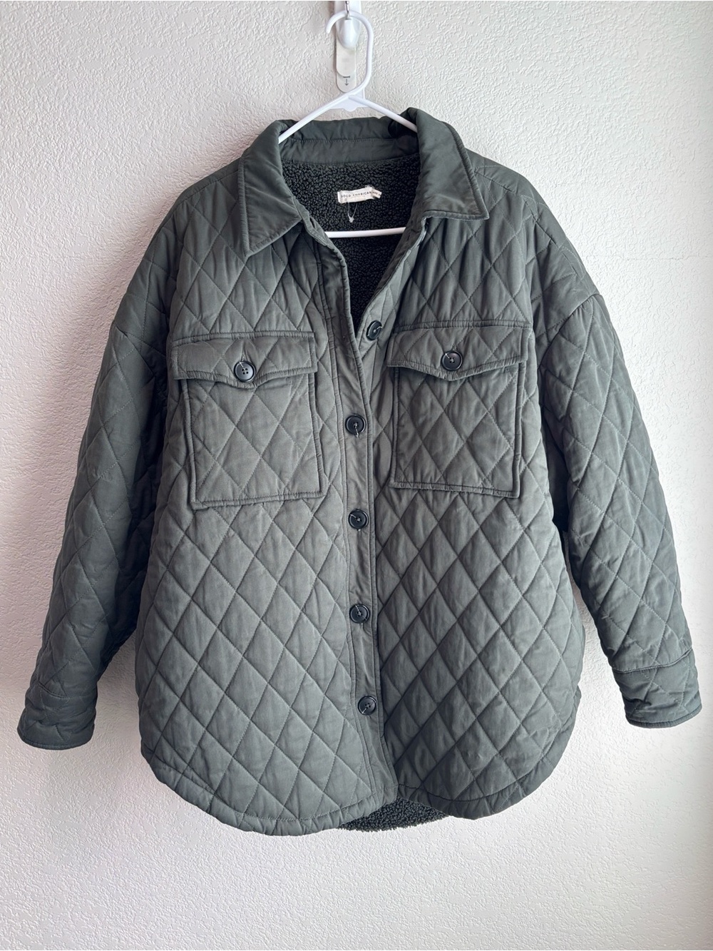 Good American Quilted Faux Sherpa Lined Shacket Jacket Olive Green Small Medium